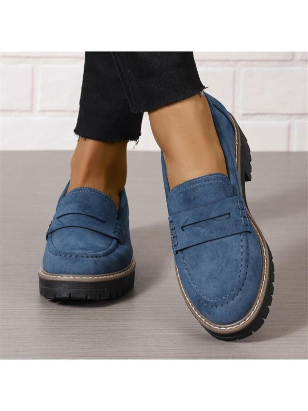 Womens Navy Suede Lug Sole Slip On Business Chunky Platform Penny Loafers Shoes - Picture 3 of 5